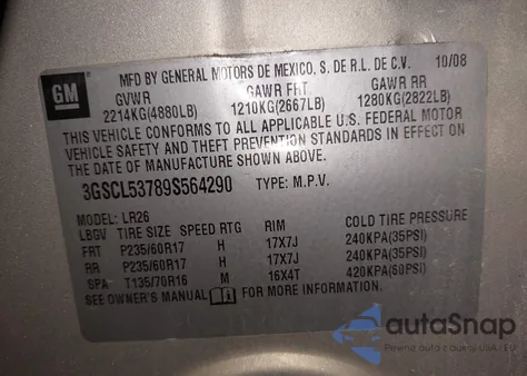 2009 Saturn Vue V6 Xr z USA, uszkodzony, nr VIN 3GSCL53789S564290